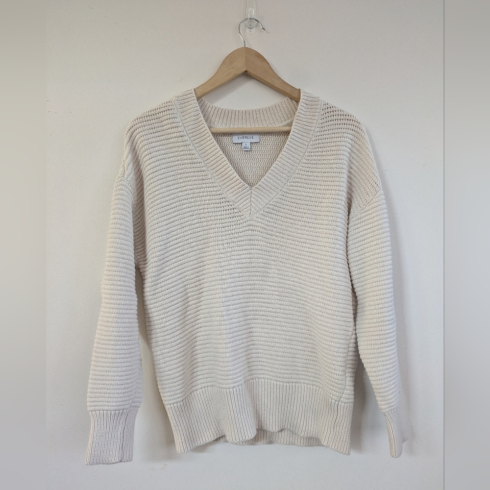 Evereve Cream White Chunky Knit Sweater V Neck S Small